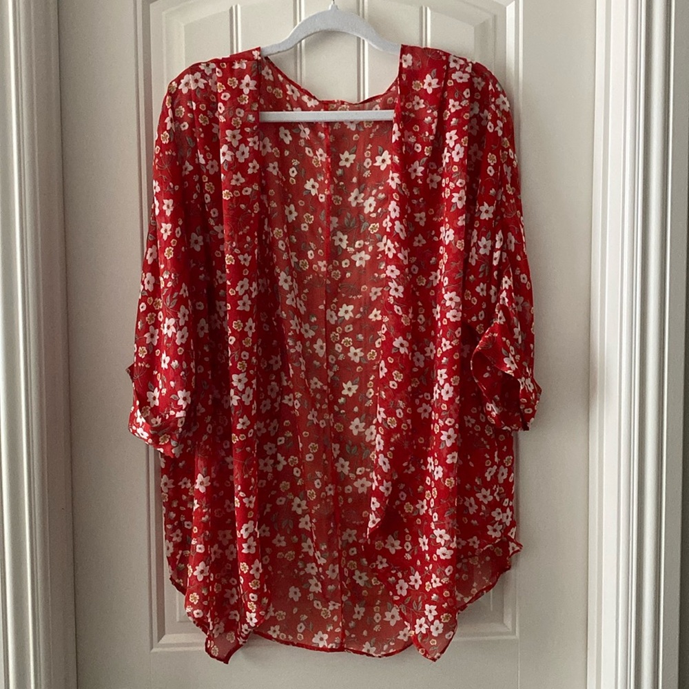 Womens Red Floral Sheer Cover Up Top